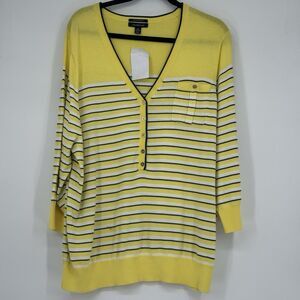Lands' End 3/4 Sleeve Gold Button Yellow W/navy/white Stripe 2X EUC